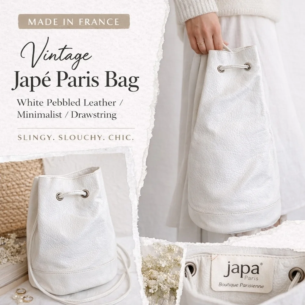 Japé Paris White Pebbled Leather Drawstring Bucket Bag France Slouchy Bag